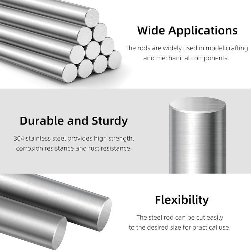 Bykonh 1.5mm x 300mm 304 Stainless Steel Rods, Metal Solid Shaft Round Rod Bar Stock Metal Stick for Industry, Decoration, DIY Craft Model Car Helicopter Airplane Ship Boat, 10 PCS - Image 3